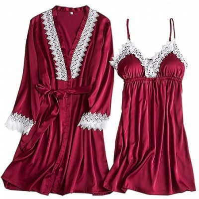 Baby Dolls & Chemises Lingerie Women Silk Lace Robe Dress Babydoll Sleepwear Nightdress Pajamas Set(Small-WineRed) - CX18S0YG469