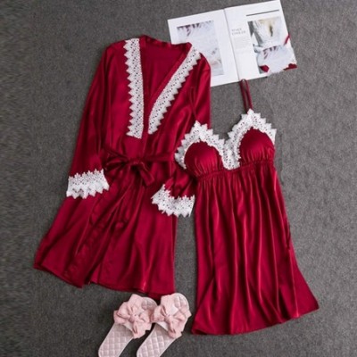 Baby Dolls & Chemises Lingerie Women Silk Lace Robe Dress Babydoll Sleepwear Nightdress Pajamas Set(Small-WineRed) - CX18S0YG469