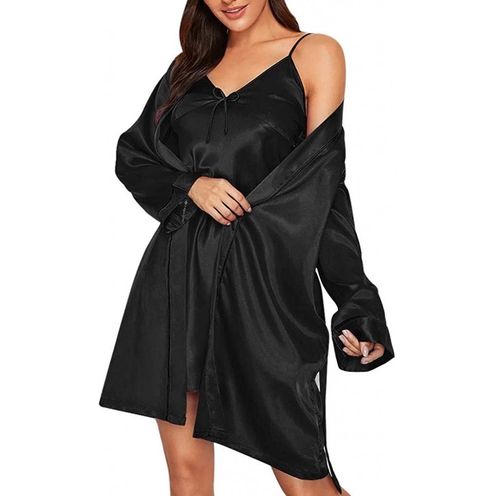 Sets Women Sleepwear Sets Sexy Sleeveless Solid Sleep Dress Long Sleeve Kimono Robe Satin Pajamas Bathrobe Dress 2 PC Set - B...