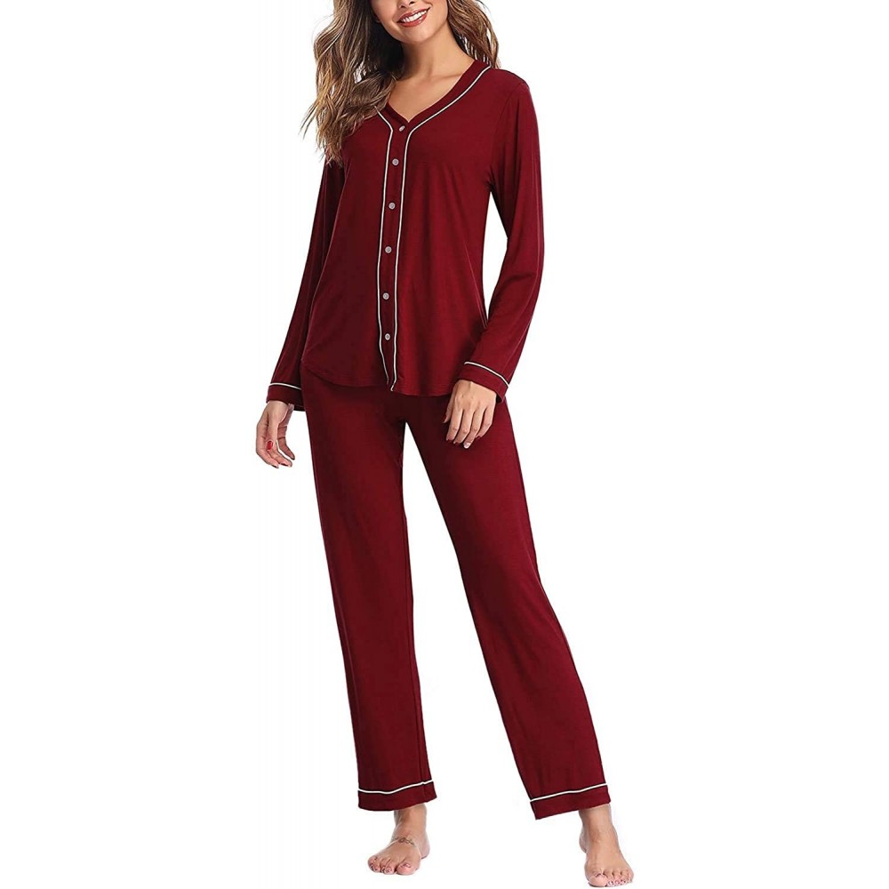 Sets Womens Long Sleeve Comfort Soft Knit Nightwear Loungewear Notch Collar Pjs - 7615-wine Red - CC19DQK7AHH