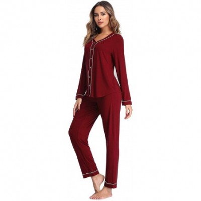 Sets Womens Long Sleeve Comfort Soft Knit Nightwear Loungewear Notch Collar Pjs - 7615-wine Red - CC19DQK7AHH