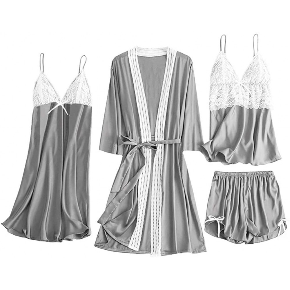 Robes 4 Pc Pajamas Set Womens Sexy Sleepwear Outfit Include Lace Splicing Kimono Robe Nightgown Cami Tops and Shorts Gray - C...