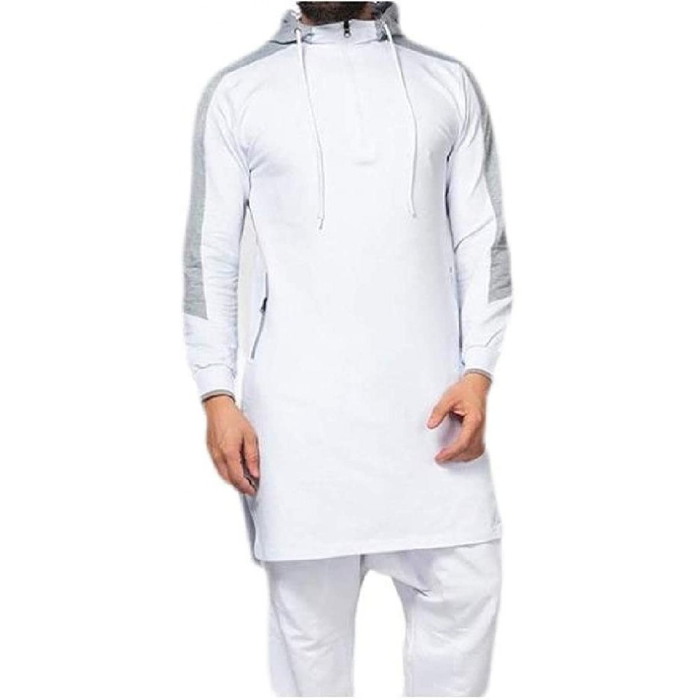 Robes Men's Color Block Casual Abaya Muslim Thobe Robe Islamic Arab Kaftan Pullover Hooded Sweatshirt - White - C0199N523KI