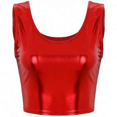 Camisoles & Tanks Women's Shiny Metallic Vest Tank Top Bustier Undershirt Rave Dance Shirt Clubwear - Red - CN19DRSYCQ2