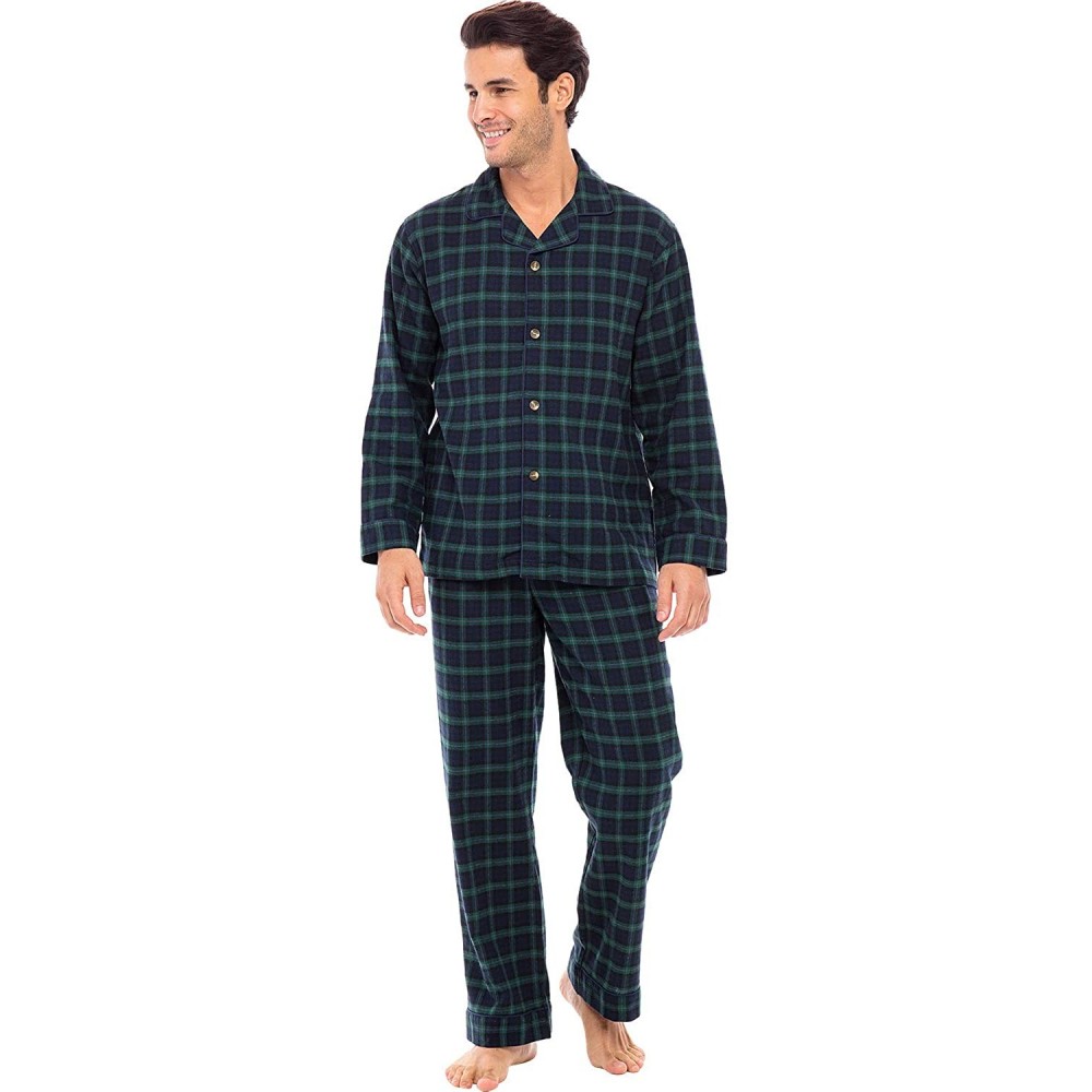 Sleep Sets Men's Lightweight Flannel Pajamas- Long Cotton Pj Set - Blue and Green Plaid - CP11KYNDLFV