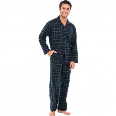 Sleep Sets Men's Lightweight Flannel Pajamas- Long Cotton Pj Set - Blue and Green Plaid - CP11KYNDLFV