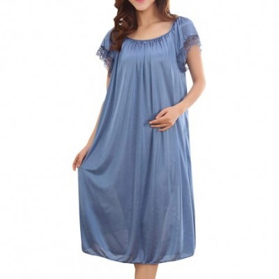 Nightgowns & Sleepshirts Summer Home Wear Sleepshirt Lace Trim Short Sleeve Loose Nightgown Dress - Blue - CI18NZZURQ8