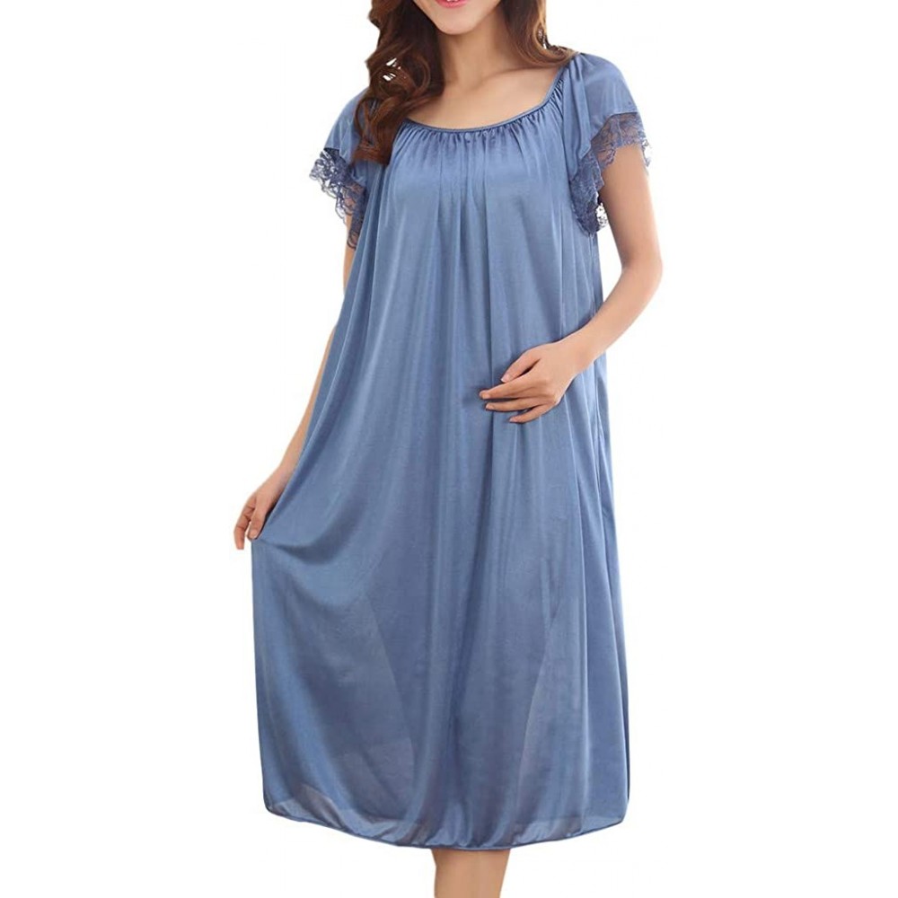 Nightgowns & Sleepshirts Summer Home Wear Sleepshirt Lace Trim Short Sleeve Loose Nightgown Dress - Blue - CI18NZZURQ8