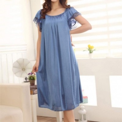 Nightgowns & Sleepshirts Summer Home Wear Sleepshirt Lace Trim Short Sleeve Loose Nightgown Dress - Blue - CI18NZZURQ8