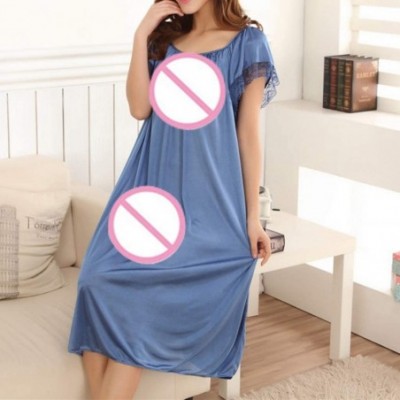 Nightgowns & Sleepshirts Summer Home Wear Sleepshirt Lace Trim Short Sleeve Loose Nightgown Dress - Blue - CI18NZZURQ8