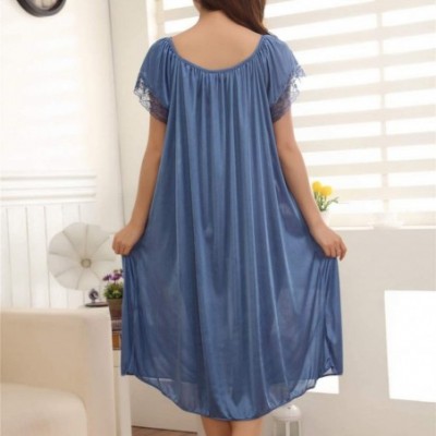 Nightgowns & Sleepshirts Summer Home Wear Sleepshirt Lace Trim Short Sleeve Loose Nightgown Dress - Blue - CI18NZZURQ8