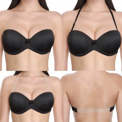 Bras Women's Strapless Push up Padded Convertible Multiway Underwire Bra with Clear Strap for Dance Wedding Party - Black - C...