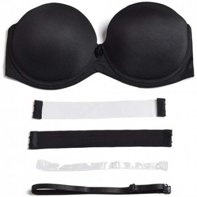 Bras Women's Strapless Push up Padded Convertible Multiway Underwire Bra with Clear Strap for Dance Wedding Party - Black - C...