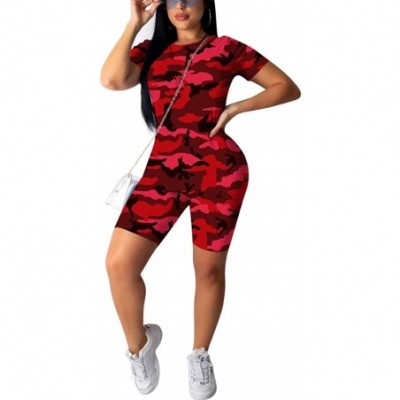 Sets Women Tracksuit Suit Camo Short Sleeve T Shirts+Skinny Short Sports Yoga Suit - Camouflage Red - CY190L2ETCI