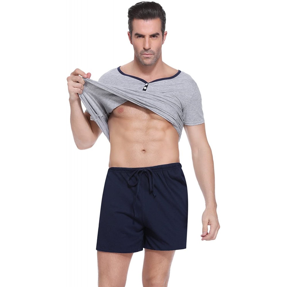 Sleep Sets Men's Pajama Set Cotton Sleepwear Lounge Set 3-Button Neck Short Sleeves Tops and Shorts - E-gray Navy - CB19D5SKIQL