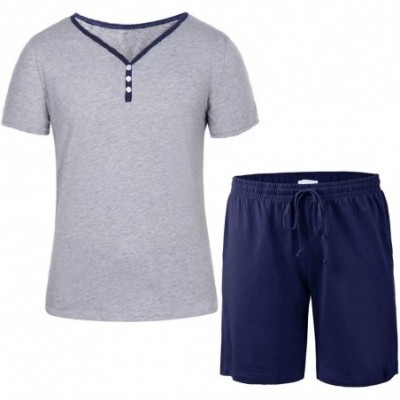 Sleep Sets Men's Pajama Set Cotton Sleepwear Lounge Set 3-Button Neck Short Sleeves Tops and Shorts - E-gray Navy - CB19D5SKIQL