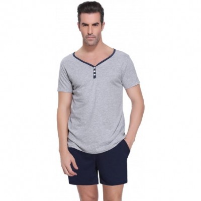 Sleep Sets Men's Pajama Set Cotton Sleepwear Lounge Set 3-Button Neck Short Sleeves Tops and Shorts - E-gray Navy - CB19D5SKIQL