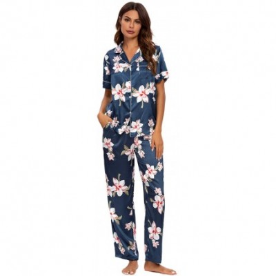 Sets Women's Pajama Set Long/Short Sleeve Floral Satin Sleepwear Nightwear Pjs - 416d5_navy_b - C919C4SYXOO