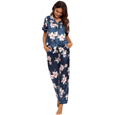 Sets Women's Pajama Set Long/Short Sleeve Floral Satin Sleepwear Nightwear Pjs - 416d5_navy_b - C919C4SYXOO