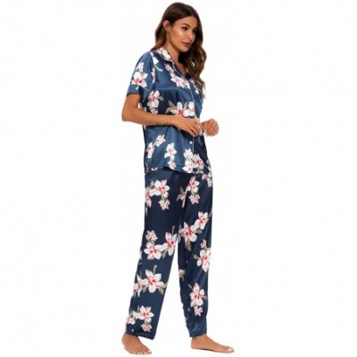 Sets Women's Pajama Set Long/Short Sleeve Floral Satin Sleepwear Nightwear Pjs - 416d5_navy_b - C919C4SYXOO