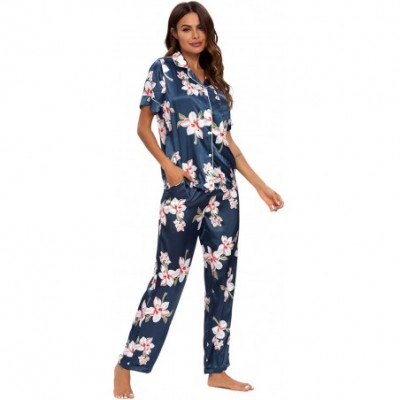 Sets Women's Pajama Set Long/Short Sleeve Floral Satin Sleepwear Nightwear Pjs - 416d5_navy_b - C919C4SYXOO