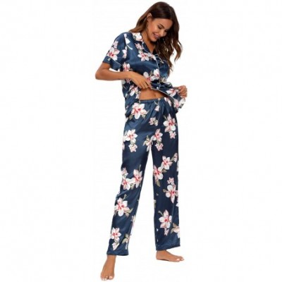 Sets Women's Pajama Set Long/Short Sleeve Floral Satin Sleepwear Nightwear Pjs - 416d5_navy_b - C919C4SYXOO