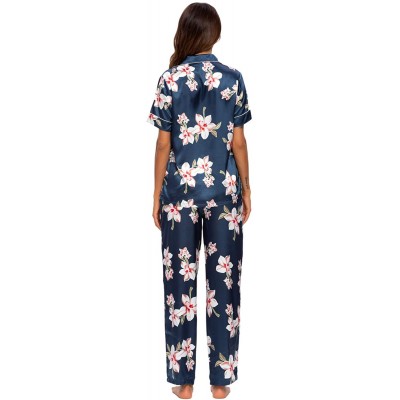 Sets Women's Pajama Set Long/Short Sleeve Floral Satin Sleepwear Nightwear Pjs - 416d5_navy_b - C919C4SYXOO