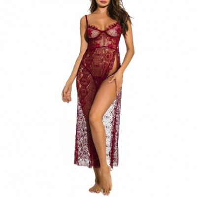 Baby Dolls & Chemises Women Lace Long Nightgown Lingerie Sexy High Split Maxi Long Gown Sheer Dress - Wine Red1 - CG1986YNTK6