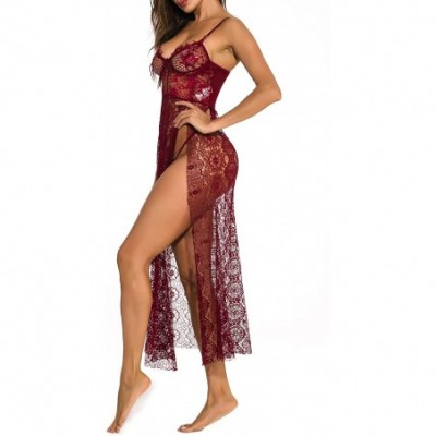 Baby Dolls & Chemises Women Lace Long Nightgown Lingerie Sexy High Split Maxi Long Gown Sheer Dress - Wine Red1 - CG1986YNTK6