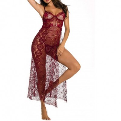 Baby Dolls & Chemises Women Lace Long Nightgown Lingerie Sexy High Split Maxi Long Gown Sheer Dress - Wine Red1 - CG1986YNTK6