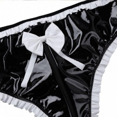 Briefs Men's PVC Leather Look Open Front Briefs Bikini Thongs with Zipper Crotch - CG18EMNWD2L