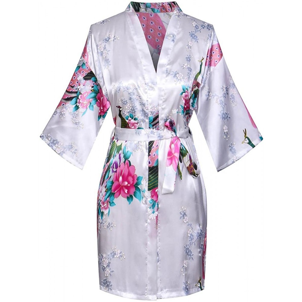 Robes Women's Short Floral Kimono Robe Peacock&Blossom Bridesmaid Robe for Wedding - White - CR12IP78P85