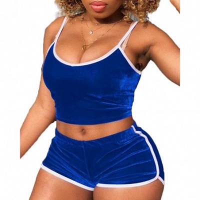 Sets Women's Velvet 2PCS Outfits Spaghetti Strap Crop Top and Shorts Pajama Sets Pjs Lounge Wear - Blue 2 - C519D84C000