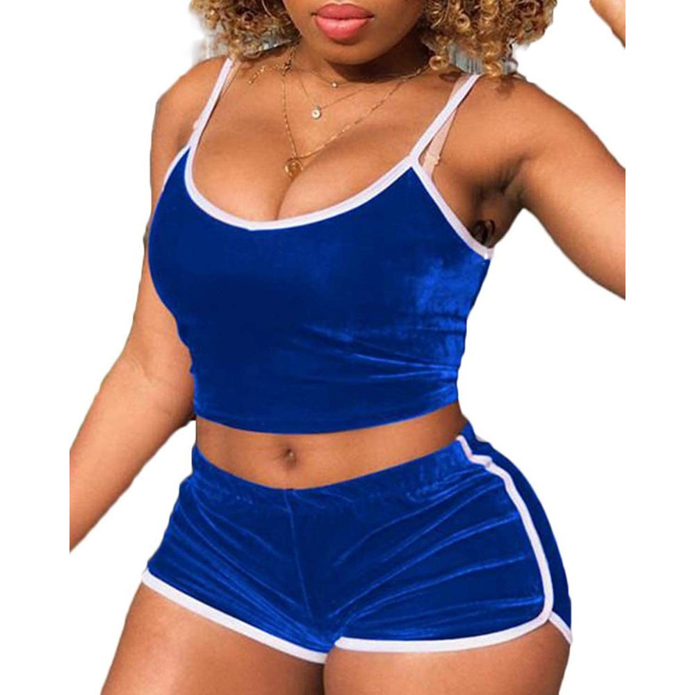 Sets Women's Velvet 2PCS Outfits Spaghetti Strap Crop Top and Shorts Pajama Sets Pjs Lounge Wear - Blue 2 - C519D84C000