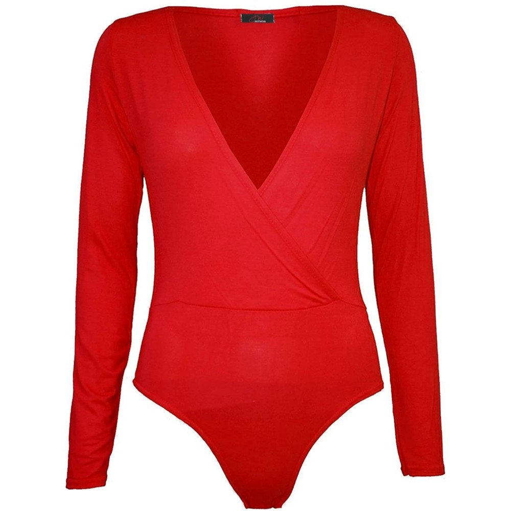 Shapewear Womens Laser Cut Wrap Over V Neck Stretchy Bodysuit - Red - CR11YRATB41