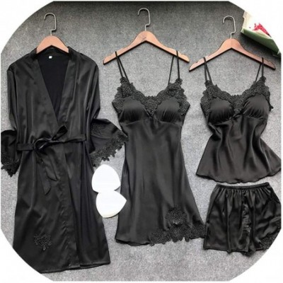 Sets Satin Sleepwear Female with Chest Pads Sexy Women Pajamas Lace Silk Sleep Lounge 4 Pieces Sets Elegant Ladies Indoor Clo...