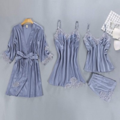 Sets Satin Sleepwear Female with Chest Pads Sexy Women Pajamas Lace Silk Sleep Lounge 4 Pieces Sets Elegant Ladies Indoor Clo...