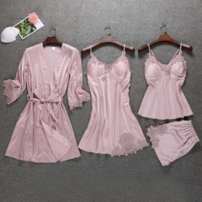 Sets Satin Sleepwear Female with Chest Pads Sexy Women Pajamas Lace Silk Sleep Lounge 4 Pieces Sets Elegant Ladies Indoor Clo...