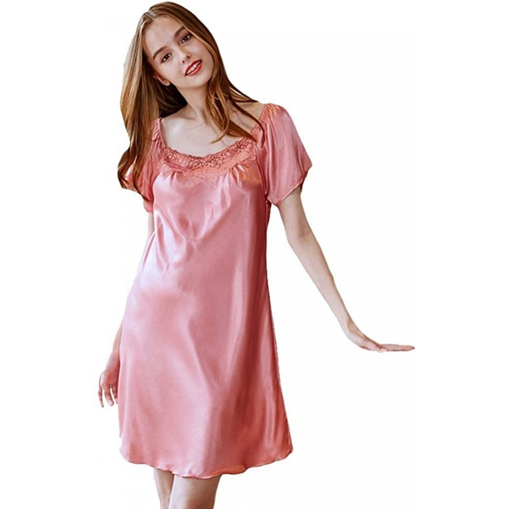 Nightgowns & Sleepshirts Women's Sexy Lace Trim Satin Nightgown Satin Chemise Slip Sleepwear - Coral 2 - CL18GY7LDIU