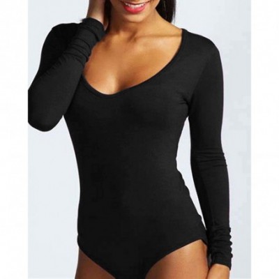 Shapewear Women V Neck Bodysuit Jumpsuit Long Sleeve Body Suit Longsleeve Leotard top Stretchy Bodycon Shirts - Black - CH18A...