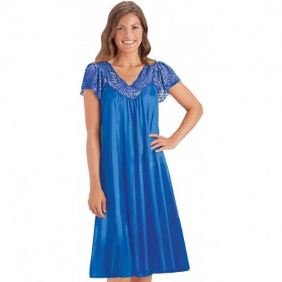 Nightgowns & Sleepshirts Silky Lace Trim V-Neckline Knee-Length Nightgown with Flutter Lace Sleeves - Royal Blue - CL184WAGWSL