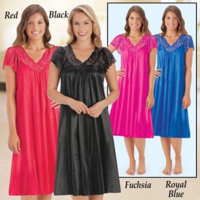 Nightgowns & Sleepshirts Silky Lace Trim V-Neckline Knee-Length Nightgown with Flutter Lace Sleeves - Royal Blue - CL184WAGWSL