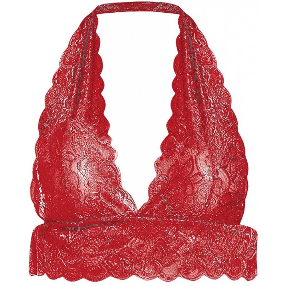 Bras Women's Breathable Sexy Comfy Deep V Lace Bra Underwear Lingerie - Red2 - CD196YXY5ZW