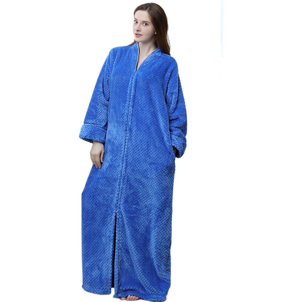 Robes Flannel Zip Robe Man Woman Bathrobe Sleepwear Pajama Pockets Zipper and Hood - Blue - C318S55GENC