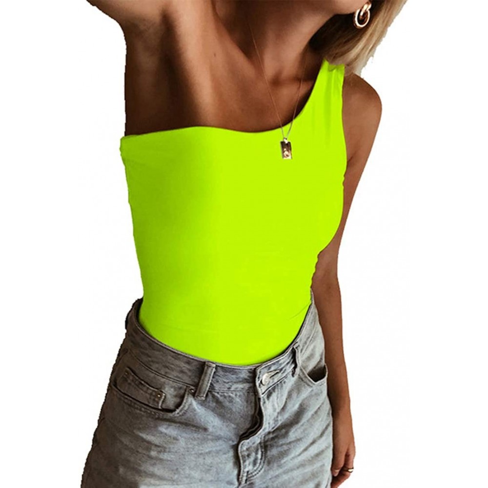 Shapewear Women's Sexy One Shoulder Solid Sleeveless Bodysuit Stretchy Leotard Top - Neon Green - C418SXZYWI6