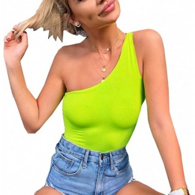 Shapewear Women's Sexy One Shoulder Solid Sleeveless Bodysuit Stretchy Leotard Top - Neon Green - C418SXZYWI6