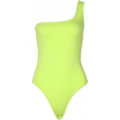 Shapewear Women's Sexy One Shoulder Solid Sleeveless Bodysuit Stretchy Leotard Top - Neon Green - C418SXZYWI6