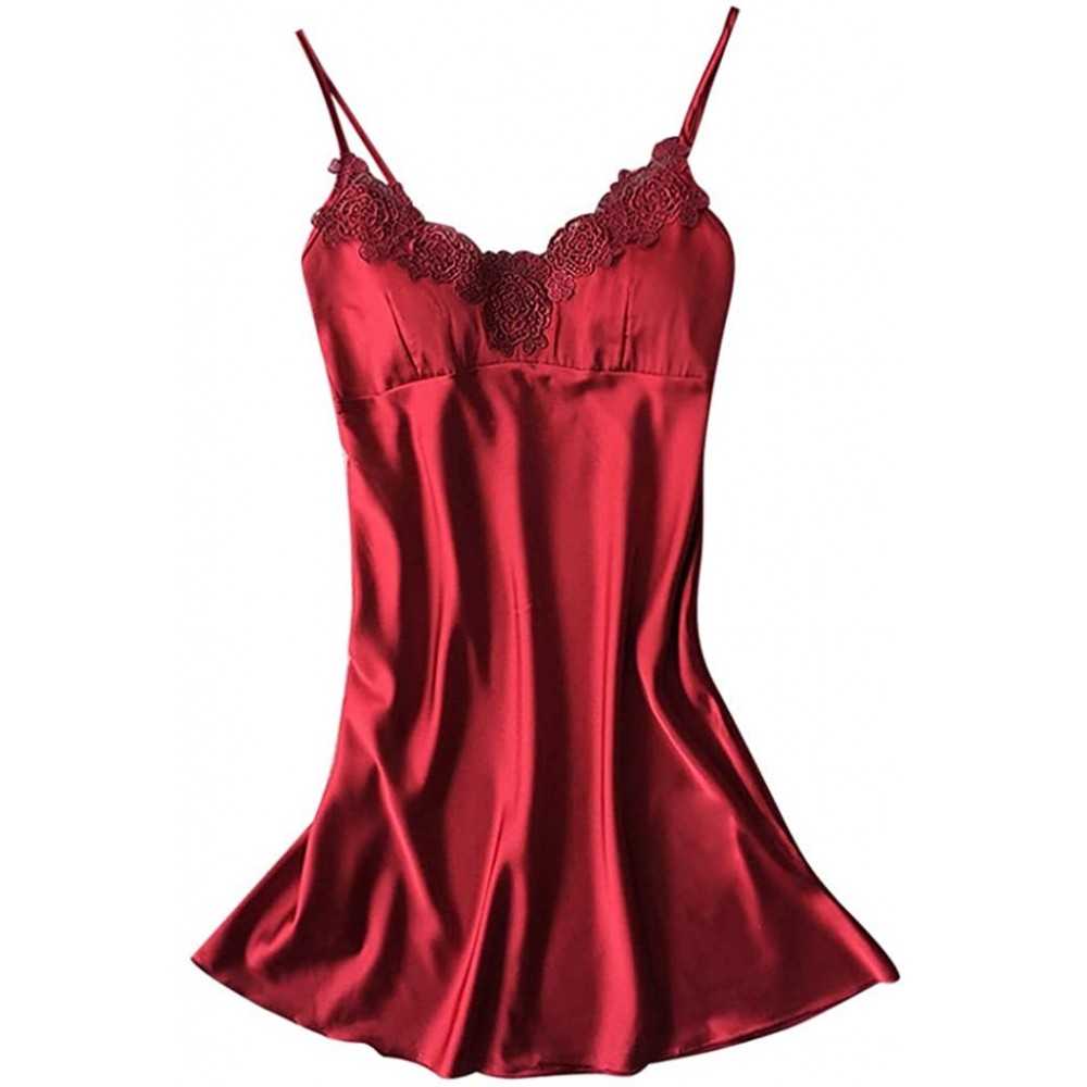 Sets Womens Night Dress for Valentine's Day Plus Size Bow Spaghetti Strap Lingerie Babydoll Sleepskirt Halter Satin Winered -...