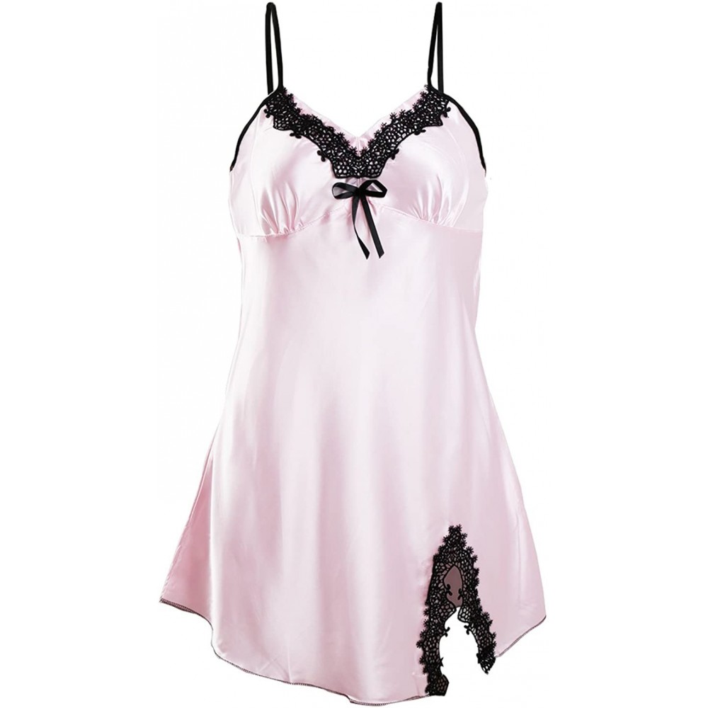 Nightgowns & Sleepshirts Women Sexy Satin Lace Trim Sleepwear Nightgown Pajama Slip Dress - Pink-floral - C718657O0YK