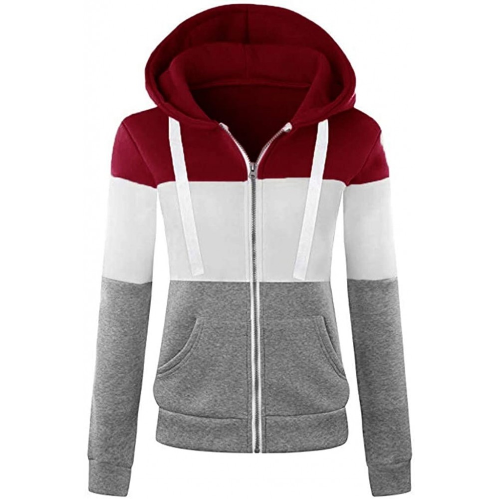 Thermal Underwear Women Stripe Coat Sport Casual Slim Color Patchwork Hooded Pocket Jacket Outwear - Red - CK19233ET7R